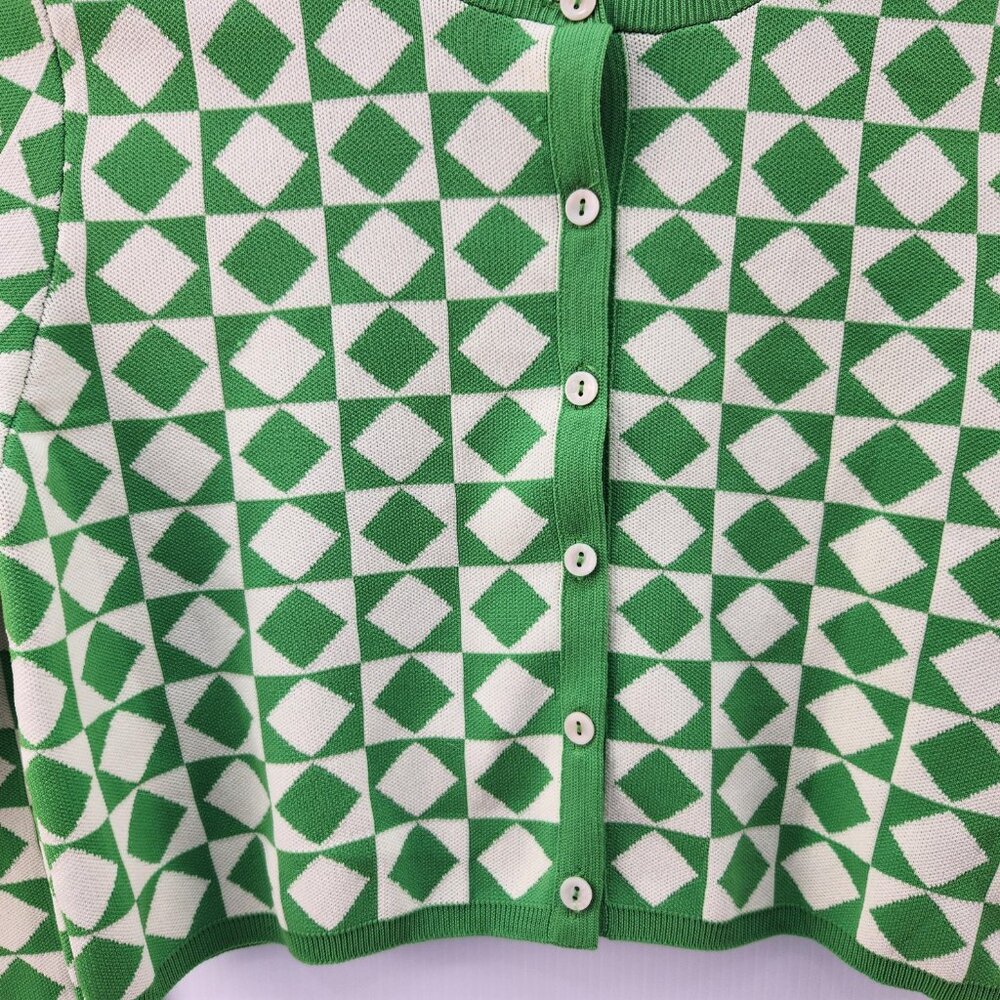 Zara Women's Green and Cream Cardigan, Lime Cream Cropped Button Up Top, Size Sm - Picture 3 of 8